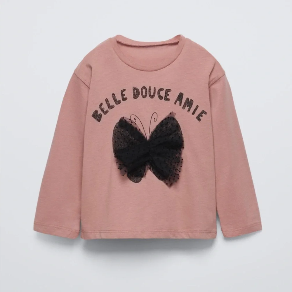 Zara Toddler Girls Long Sleeve Dotted Mesh Butterfly Appliqué Shirt Size 3